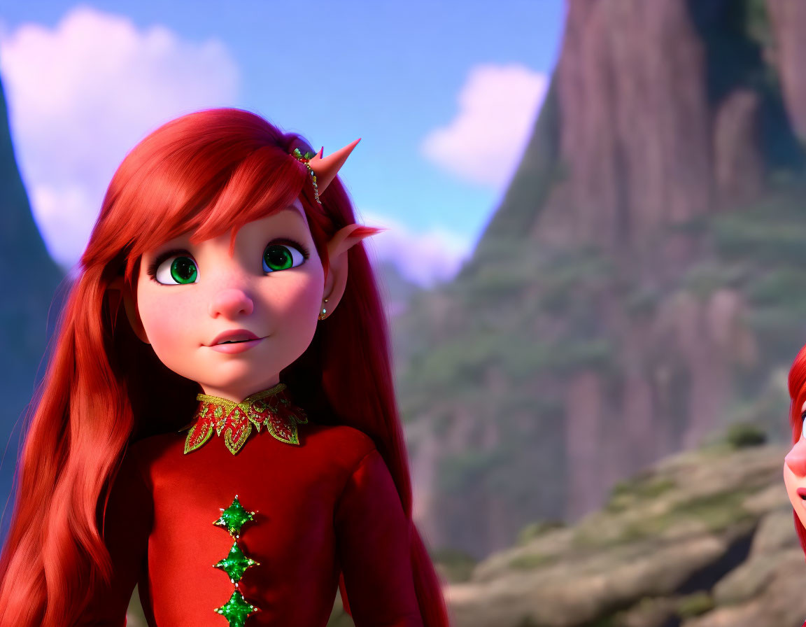 Animated female character with red hair and pointed ears in festive outfit against mountain backdrop