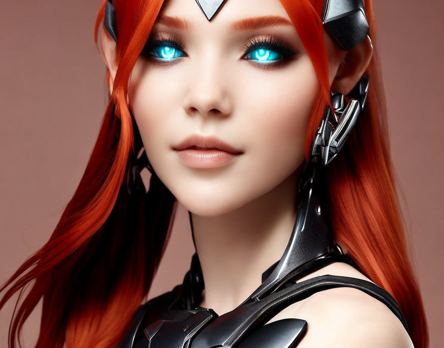 Female character with bright orange hair, blue eyes, and futuristic black armor