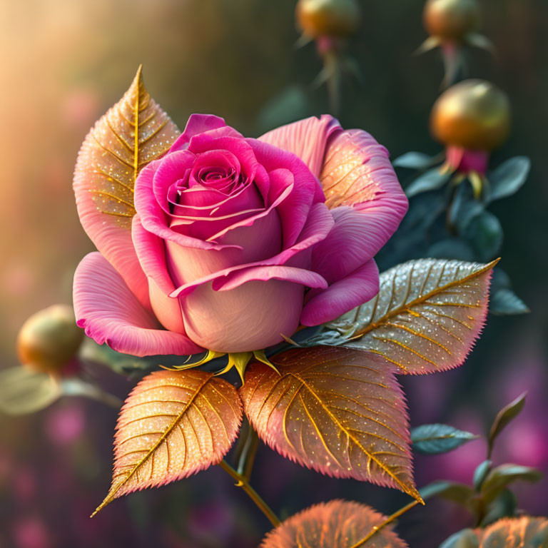 Pink Rose with Golden Leaves and Buds on Soft-focus Background