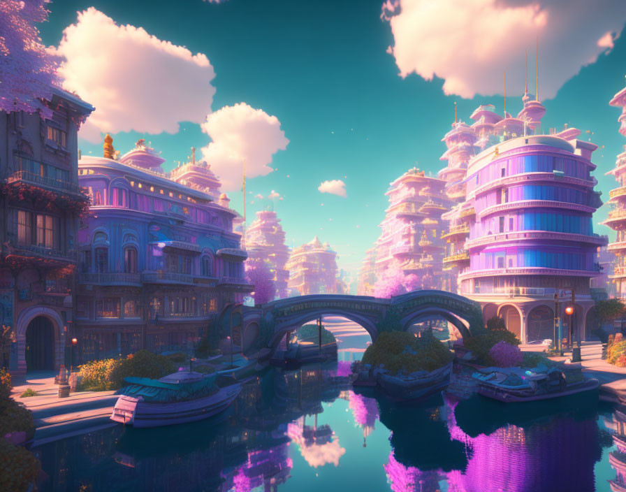 Pastel-colored futuristic cityscape with shimmering water and dreamy sky