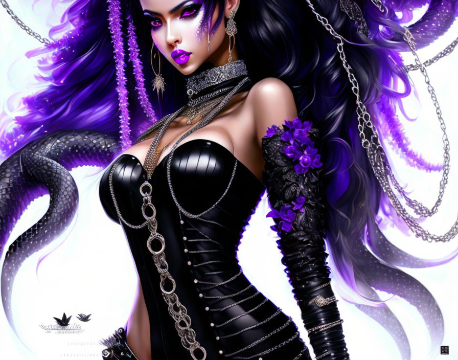 Stylized image of woman with purple hair, gothic outfit, jewelry, and snake-like creature