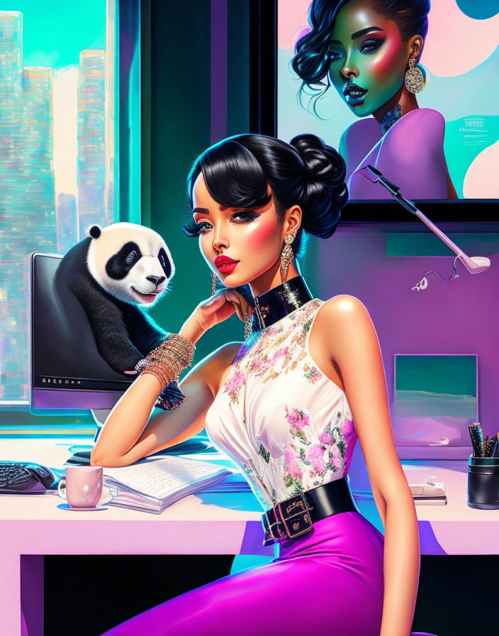 Stylized image of woman with dark hair, colorful makeup, baby panda, and cityscape.