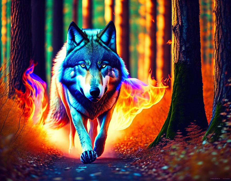 Digitally Altered Image: Blue Fur Wolf in Colorful Forest