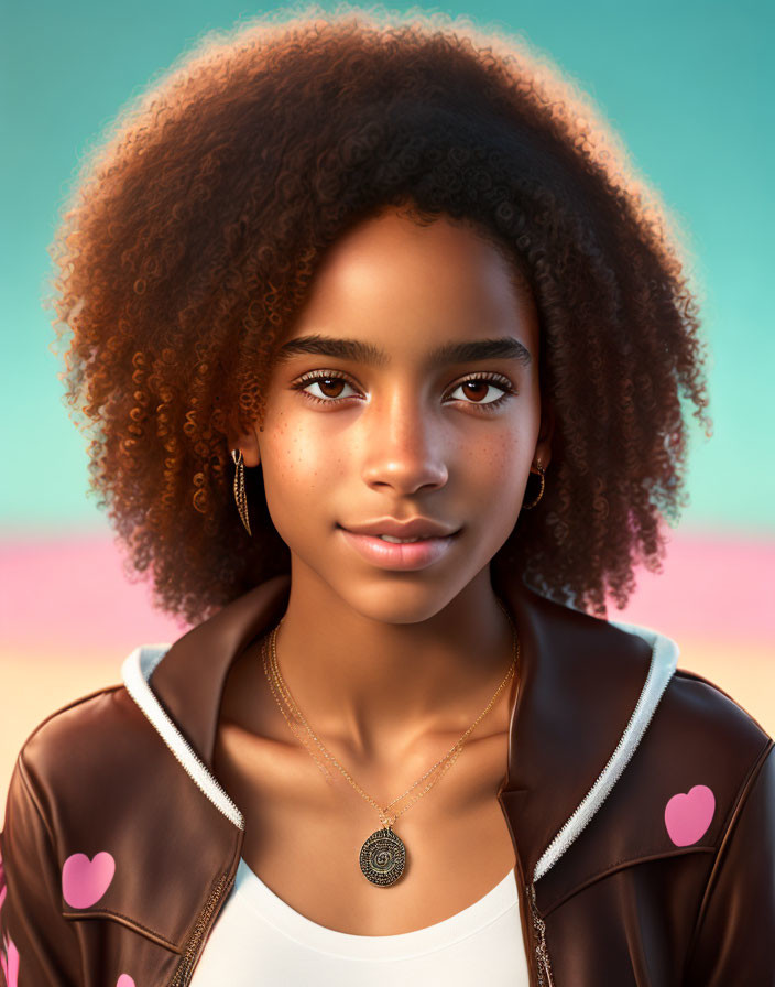 Young girl with curly hair in heart jacket against pastel sky