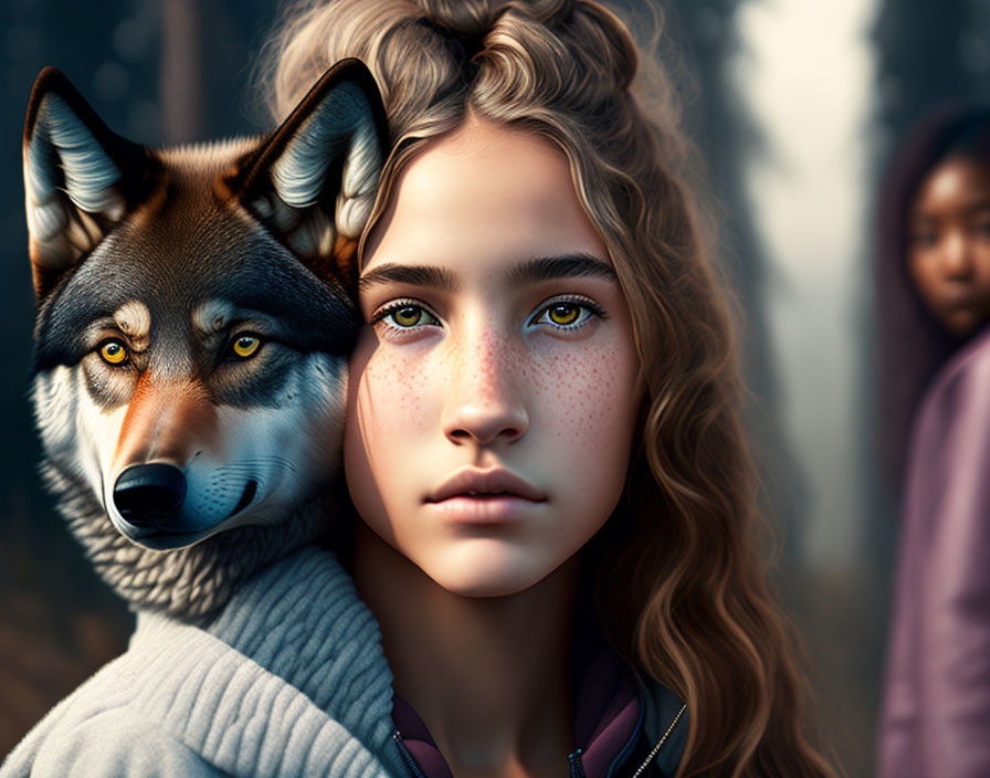 Realistic digital artwork of young girl with freckles and wolf in forest