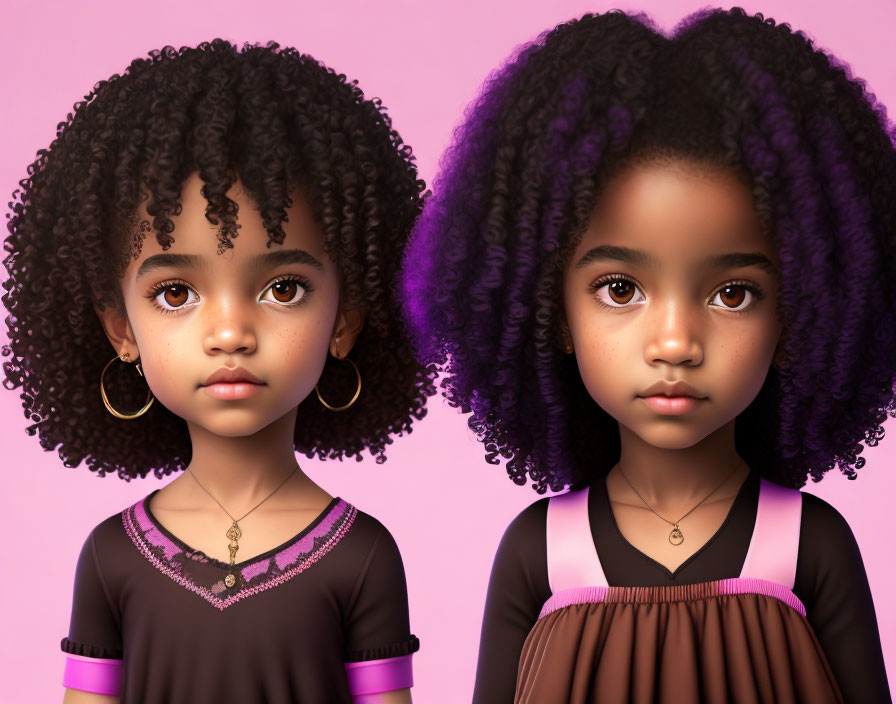 Two curly-haired animated girls with jewelry, one with purple highlights, on a pink background