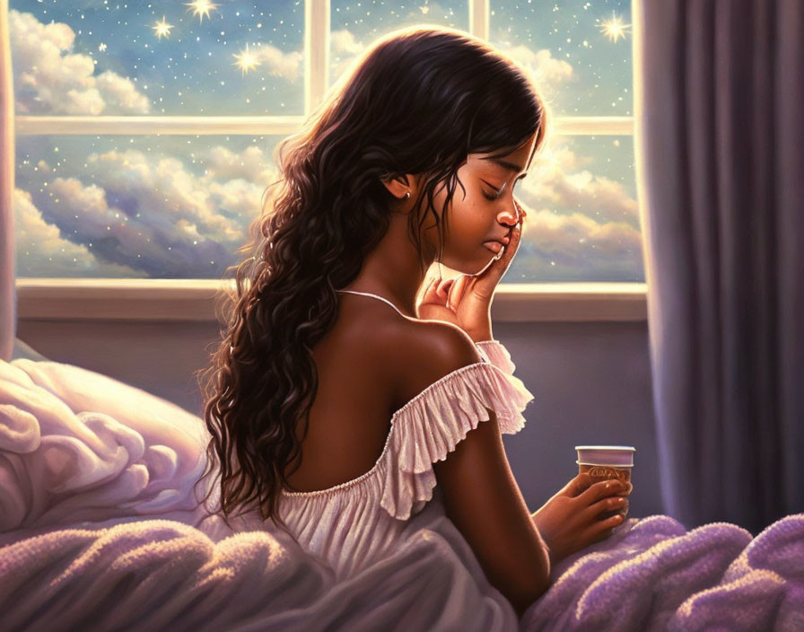 Long-haired woman sitting on bed looking at night sky through window with cup and stars.