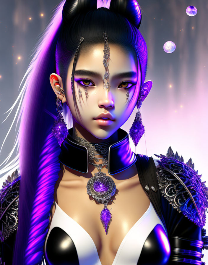 Digital artwork featuring woman with purple hair and fantasy makeup, adorned with black and purple jewelry and intricate shoulder