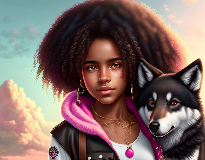 Digital portrait of girl with curly hair and husky against sunset sky