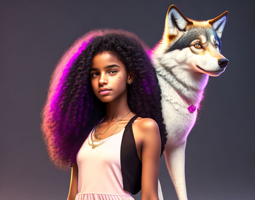 Digital Artwork: Young Girl with Curly Hair and Husky Dog on Gradient Background