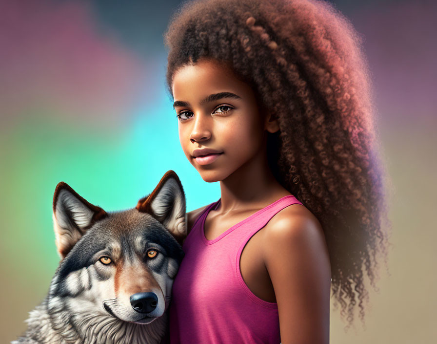 Young girl with curly hair poses with wolf against multicolored backdrop