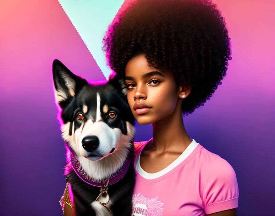 Young woman and husky dog in serious expressions on vibrant pink and blue background