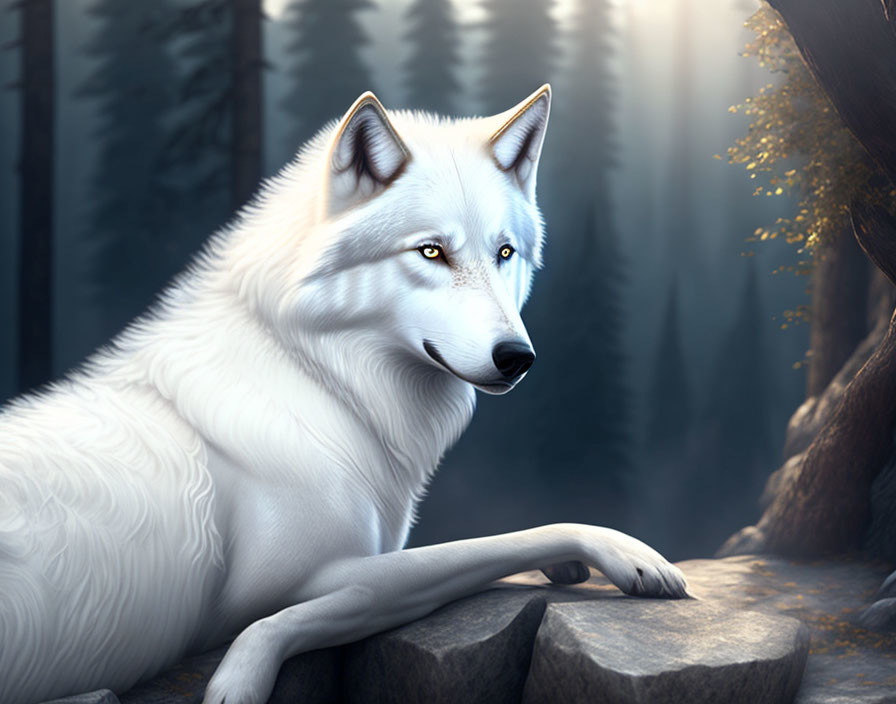 White wolf with blue eyes in mystical forest with sunbeams