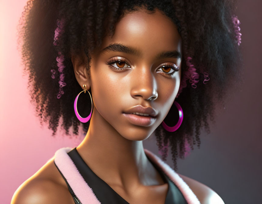 Young woman with curly hair and hoop earrings on pink background