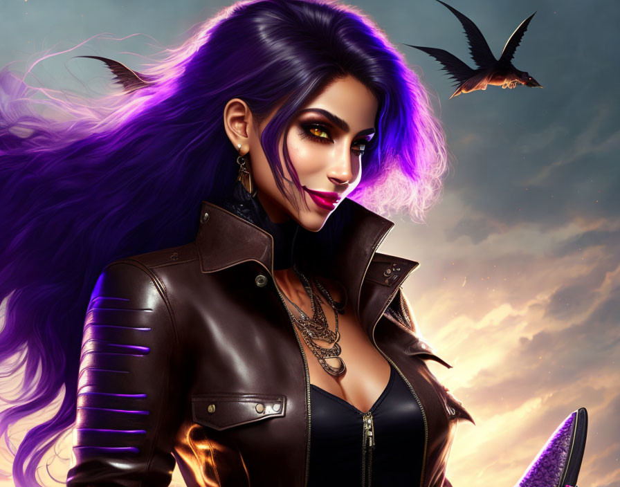 Digital Artwork: Woman with Purple Hair and Glowing Eyes in Leather Jacket, Bats and Moon