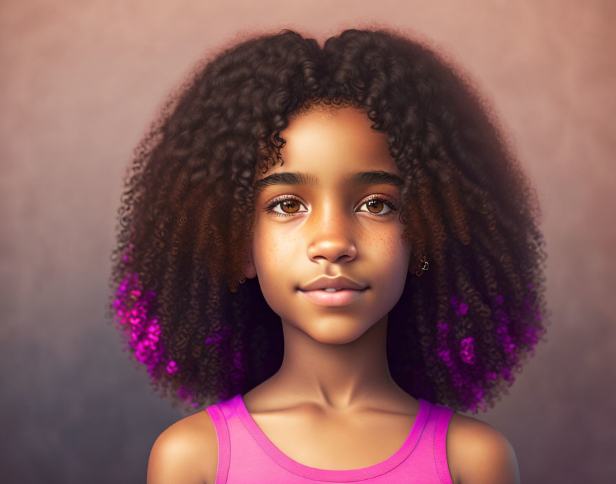 Digital artwork featuring young girl with curly hair and pink top on warm background