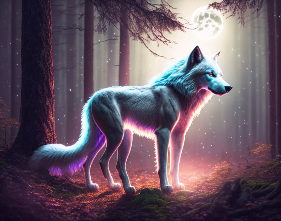 Mystical blue wolf in moonlit forest with colorful lights.