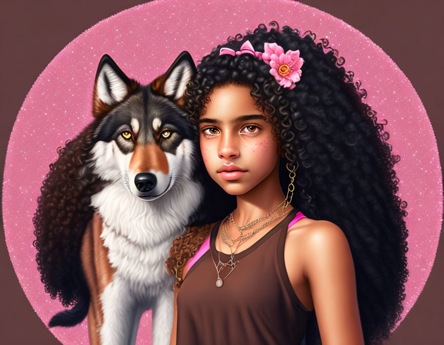 Young girl with curly hair and pink flower beside husky on sparkly pink background