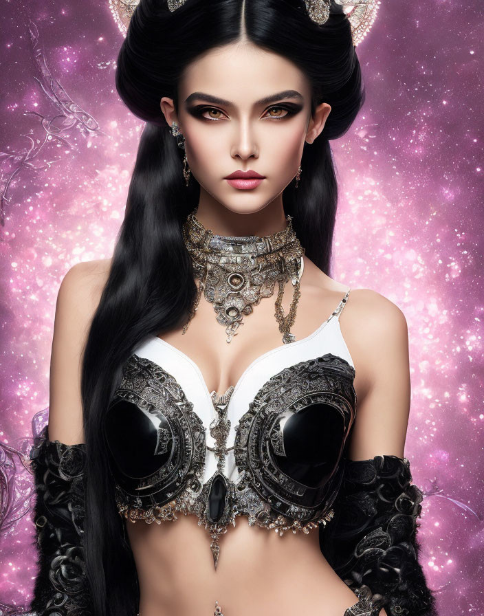 Woman with dark hair in crescent moon updo and Gothic attire on starry background