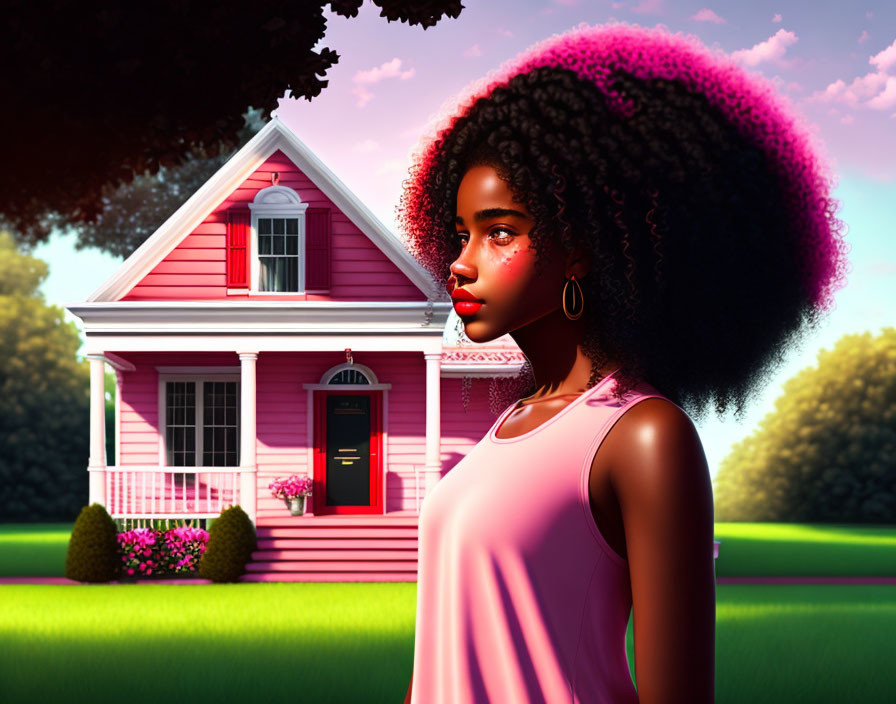 Young woman with voluminous curly hair near pink house at dusk