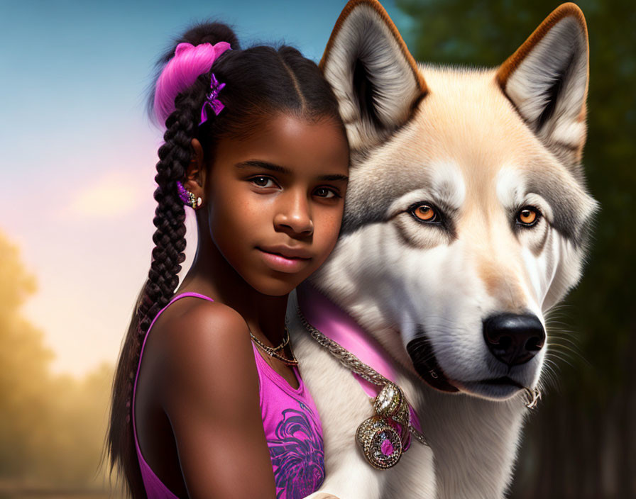 Young girl with braided hair next to large husky dog in sunset scene