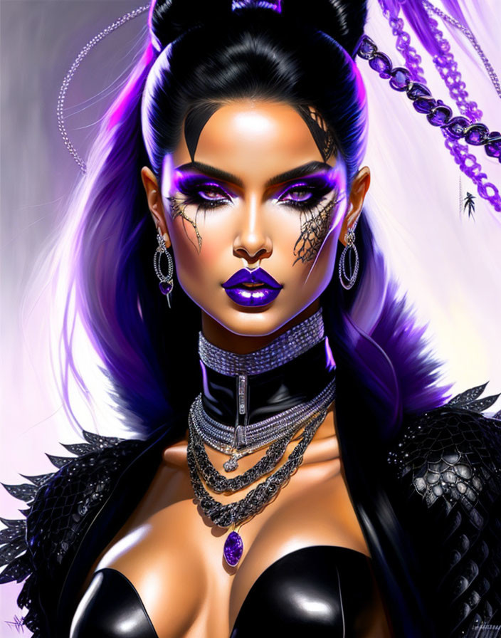 Woman with Striking Purple Makeup and Elaborate Attire