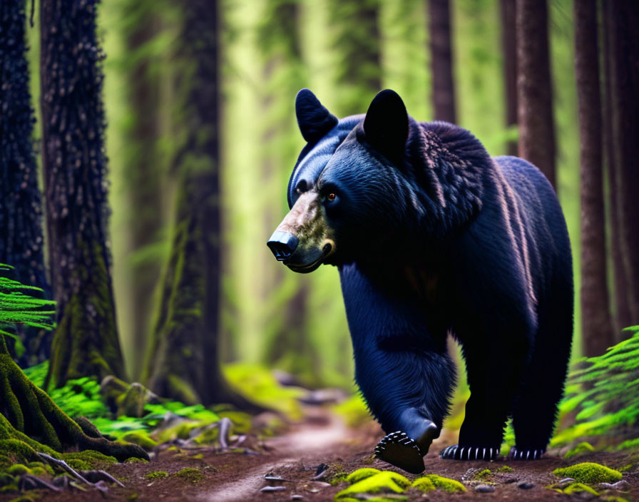 Black bear in lush, misty forest with tall trees