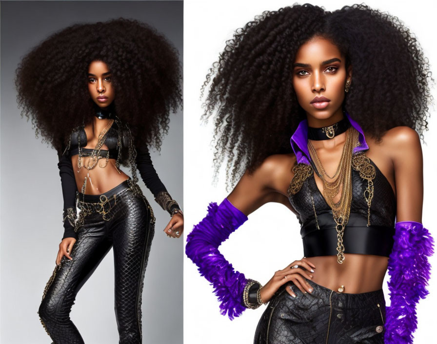 Woman in Black Outfit with Voluminous Curly Hair & Bold Jewelry