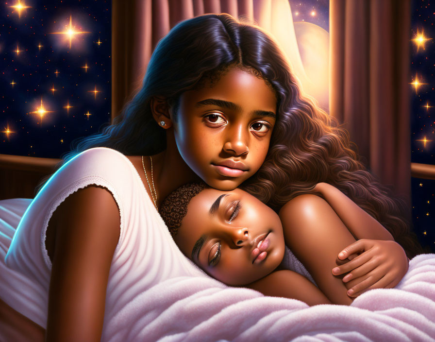 Moonlit room: Young girl embraces sleeping child in digital painting