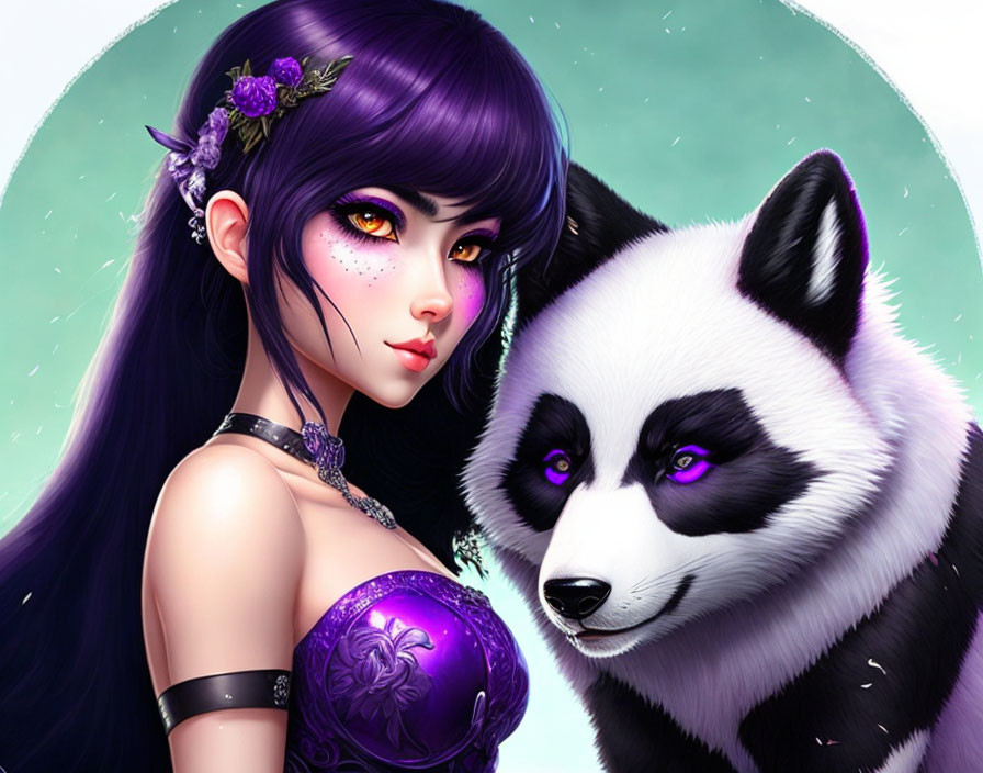 Illustration of woman with purple hair and flower next to stylized panda.