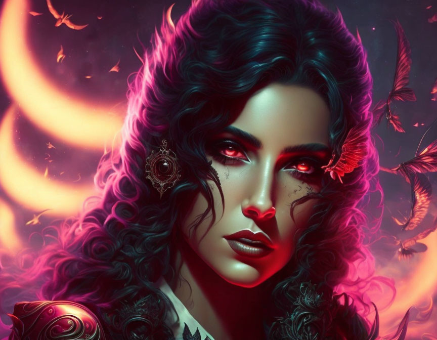 Digital Artwork: Woman with Dark Curly Hair and Red Eyes, Fantasy Makeup, Butterflies,