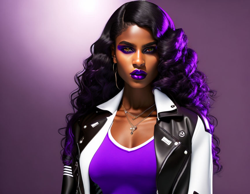 Digital artwork of woman with dark skin, purple lips, curly hair with purple highlights, in black and