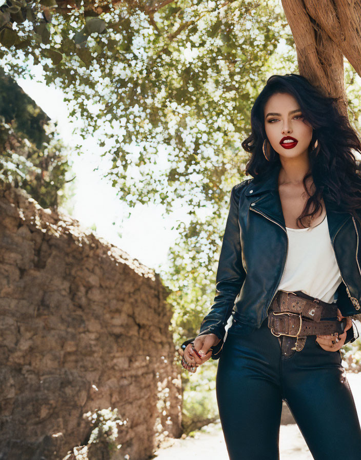 Woman in red lipstick and leather jacket under sunlit tree