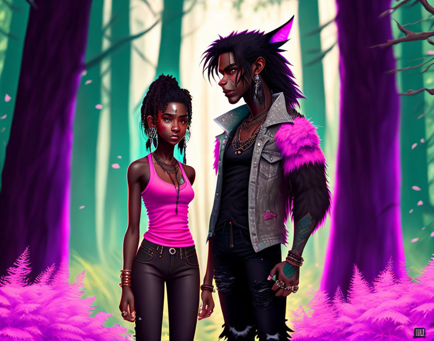 Stylized characters in pink forest with punk fashion among purple foliage