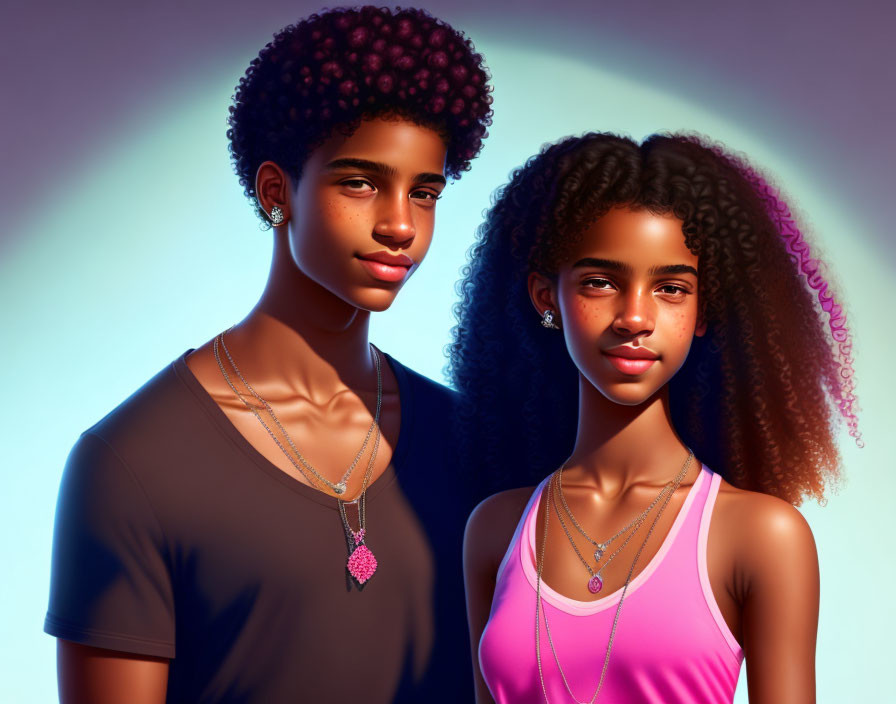 Stylized digital characters with curly hair, warm skin tones, and pendants in soft pink light