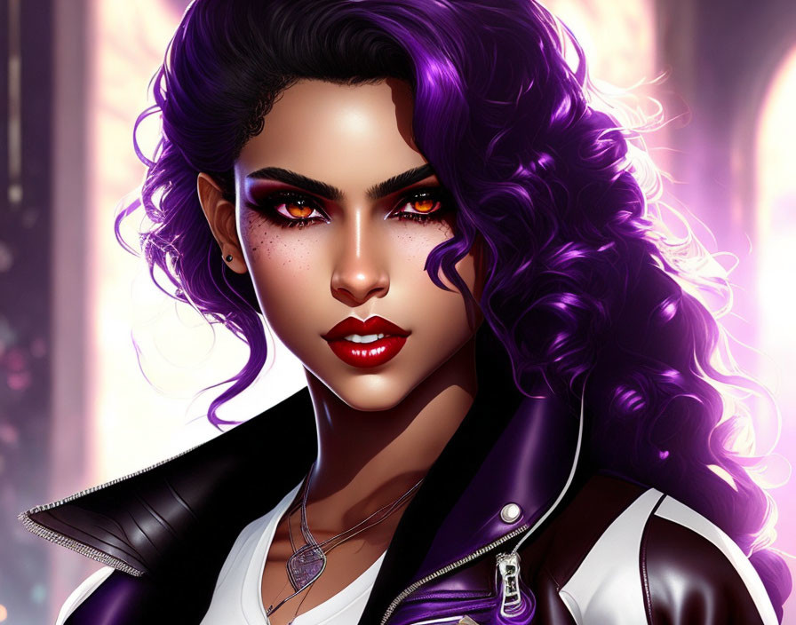 Digital artwork: Woman with red eyes, purple curly hair, leather jacket & necklace