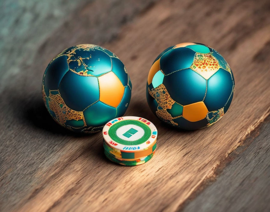 Ornate Globe-Patterned Soccer Balls and Casino Chip on Wooden Surface