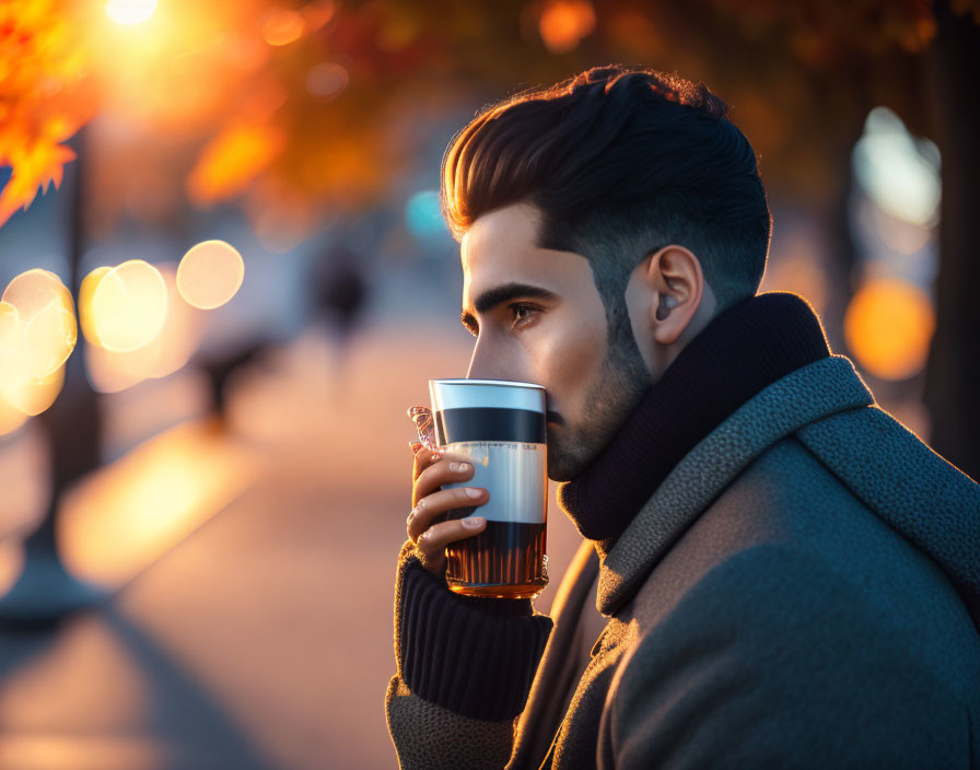 Man in coat and scarf drinking from cup with autumn leaves and bokeh lights.