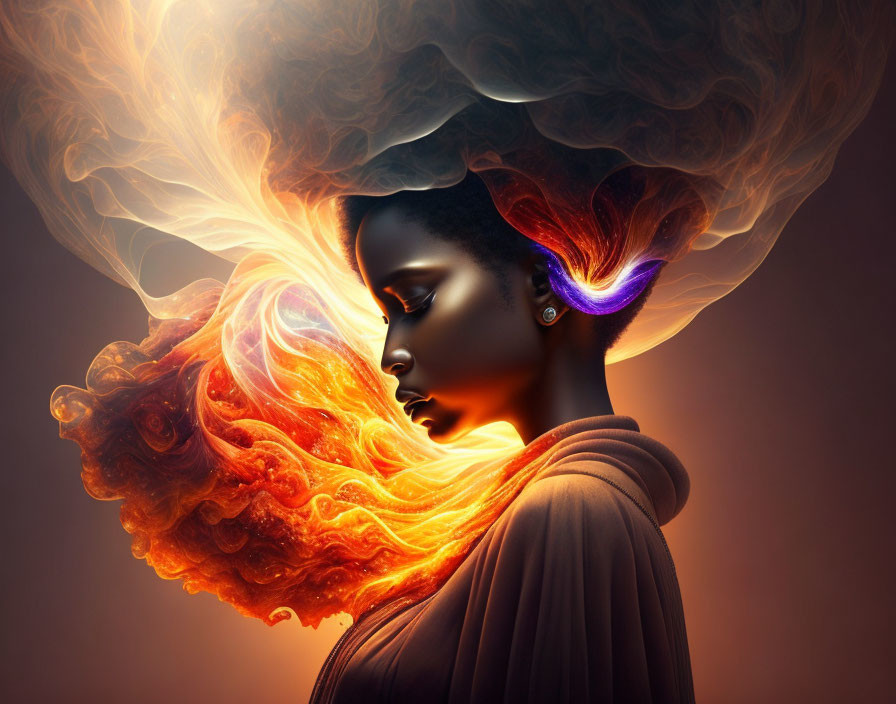 Fiery smoke-like aura around woman's head on dark background