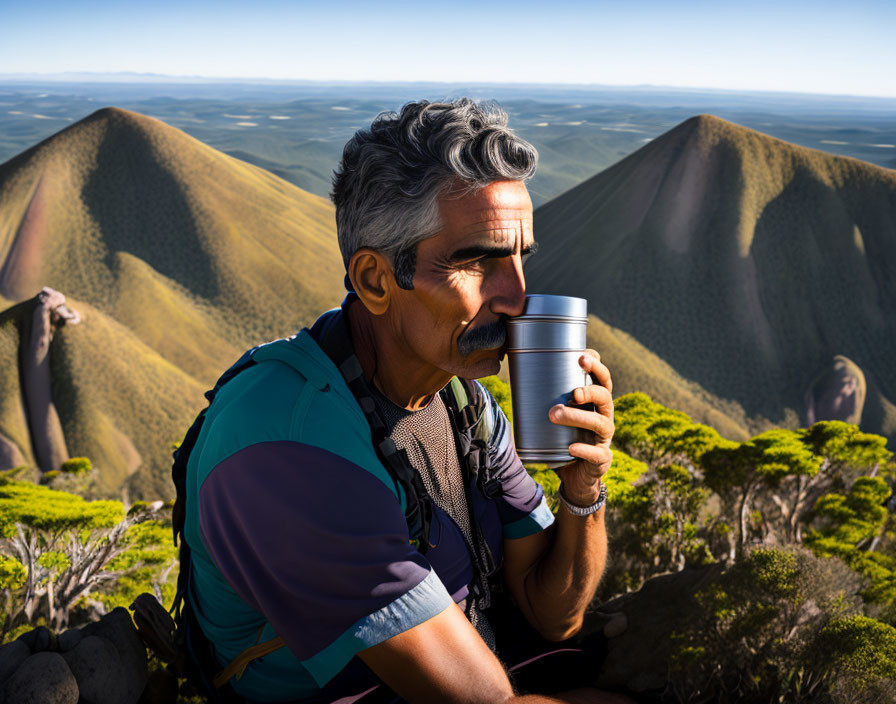 Gray-Haired Man Drinking from Thermos in Mountain Landscape