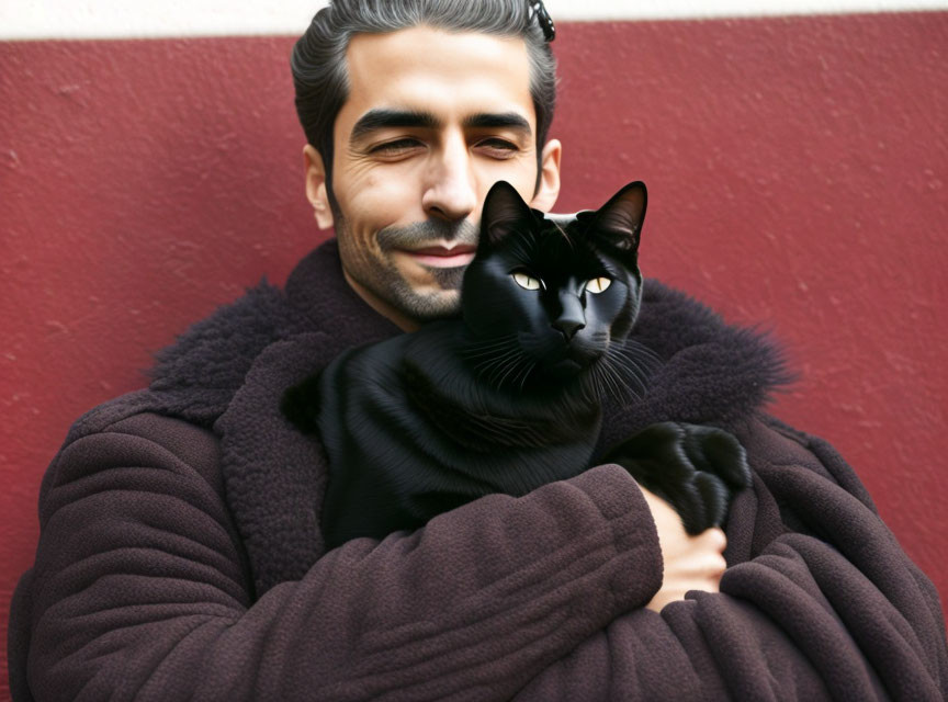 Smiling man with dark hair holds black cat in thick brown jacket