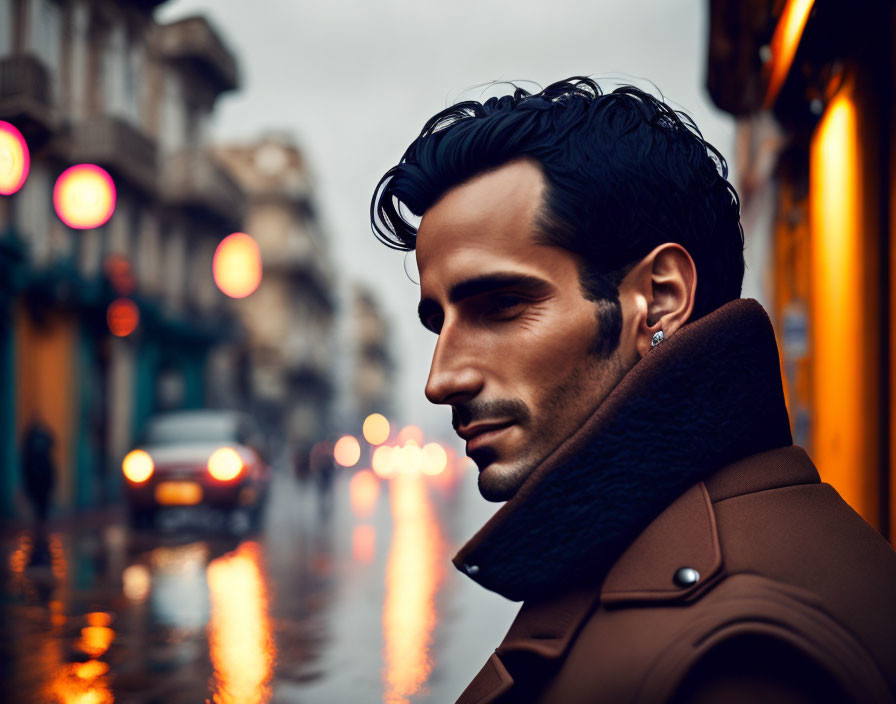 Man with Dark Hair and Beard in Brown Coat on City Street with Lights