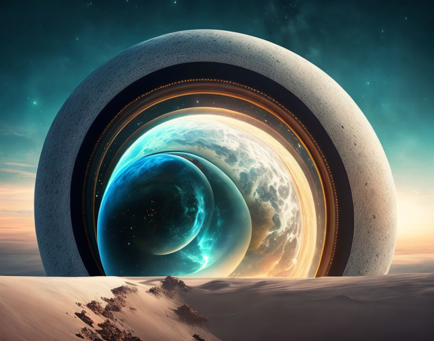 Surreal digital artwork: layered portal with Earth-like planet and cosmic backdrop