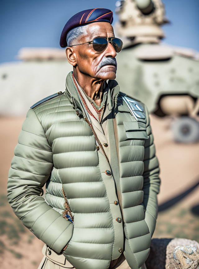 Man in Green Quilted Jacket and Beret with Tank Background