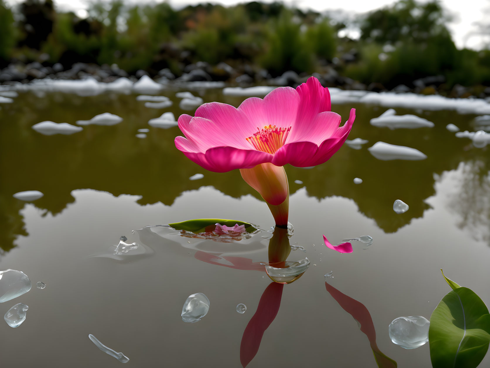 Pink lotus flower blooming in murky water with reflection and scattered petals.