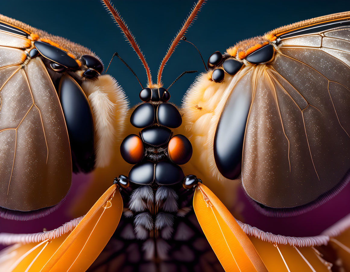 Detailed Close-Up of Butterfly with Orange and Brown Wings on Blue Background