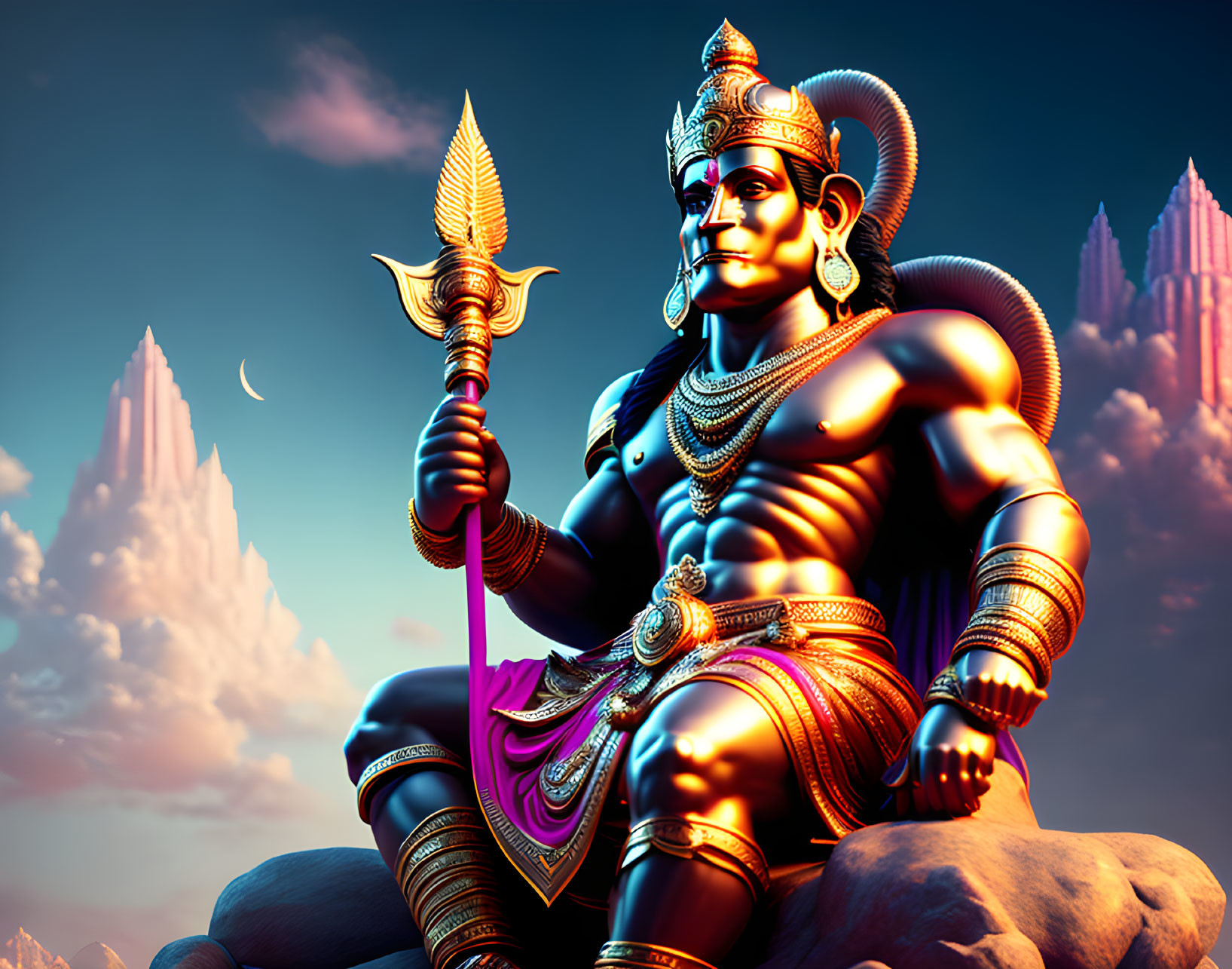 Lord Hanuman with trident in traditional jewelry against dramatic sky and mountains