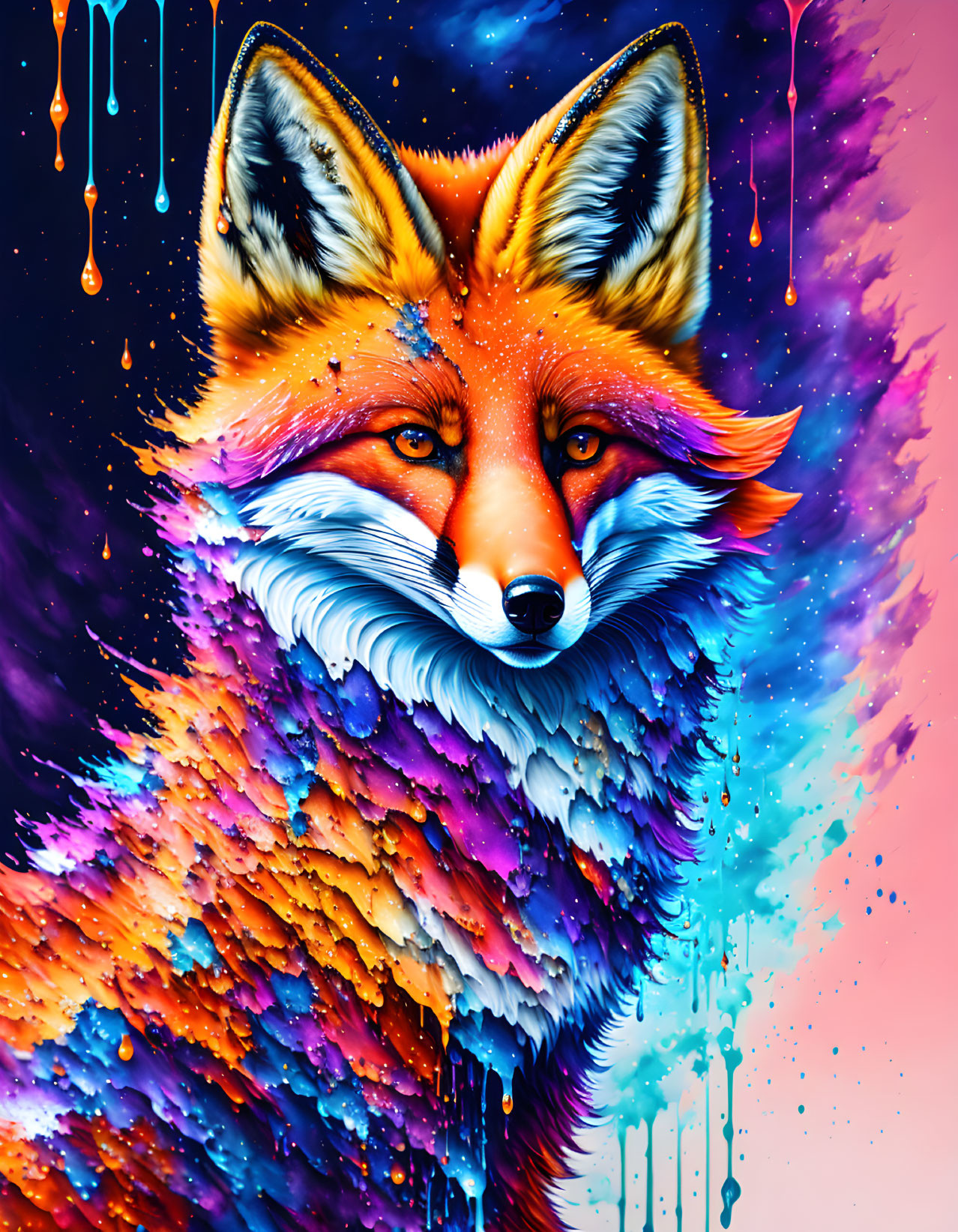 Colorful Fox Face Artwork with Rainbow Paint Drips