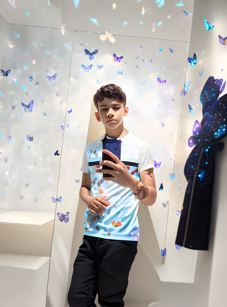 Young person in butterfly-themed outfit in mirrored room with smartphone