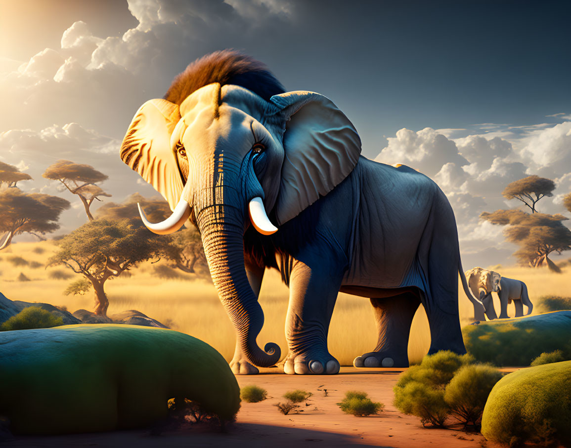 Two elephants in African savanna sunset scene